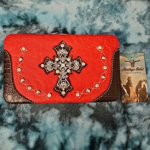 NWT Heritage West Red Brown Cross Rhinestone Concho Trim Clutch Wallet